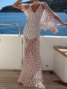 New Elegant Polka Dot Bohemian V-Neck Maxi A-Line Dress With Cinching Waist, Ruffle Trim Shawl Collar, Suitable For Vacation White Summer - White - View 4