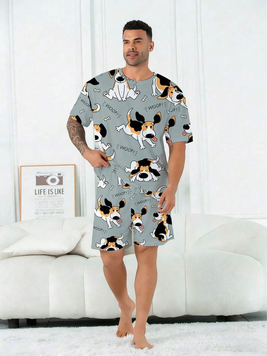 加大码男士睡衣套装 | 圆领短袖上衣搭配松紧腰休闲短裤两件套 | 涤纶针织面料，柔软透气，宽松版型 | 可爱小狗印花休闲设计 - 彩色 - 查看 1