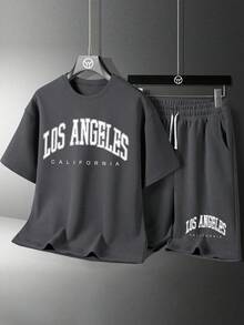 Set Kaos dan Celana Pendek Lengan Pendek Leher Bulat dengan Motif Huruf dan Gambar Grafis untuk Anak Laki-Laki - Dark Grey - View 2