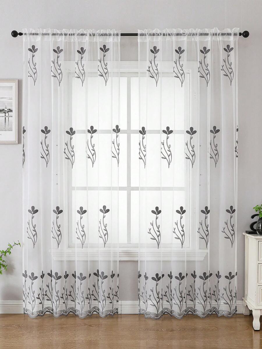 2pcs,Delicate Floral Embroidery Sheer Curtains - Light Filtering Sheer Drapes For Bedroom/Living Room - White - View 1