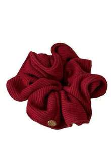 1pc Women's Burgundy Ribbed Knit Hair Scrunchie With Black Ribbon Bow And Gold Badge Decor, Fashion Daily Hair Accessory For Ponytail And Bun, Autumn/Winter Head Accessories ,Hair Elastics ,Hair Rubber Bands ,Hair Rope ,Elastic Hair Tie - Multicolor - View 6