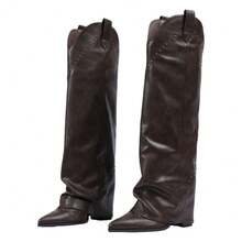 Women's Rivet Knee High Boots Solid Color Pointed Toe Wedge Shoes Fall And Winter Outdoor Shoes - Brown - View 2