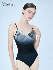 DonsGirl 女士芭蕾舞紧身衣 - 性感印花网纱荷叶边V领细肩带，法式优雅浪漫连体衣 | 全衬里和可拆卸胸垫 春季运动 - 藏蓝色 - 查看 5