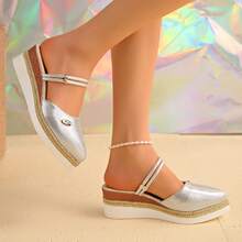 Retro Metallic Sheen Wedge Mule Shoes, Metallic Textured Upper, Elegant Slip-On Design, Convenient Slip-On, Fashionable For Daily Commute In Summer - Silver - View 3