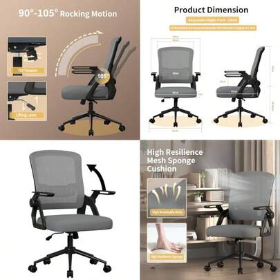 Ergonomic Office Desk Chair Height Adjustable Executive Work Computer Chairs With Padded Seat Cushion Swivel Mesh Chair With 90° Flip-Up Armrest And Lumbar Support For Home/Office-Dark Grey