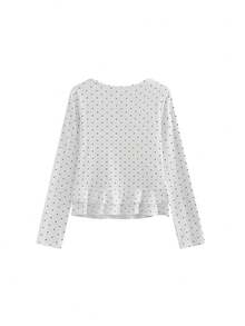 Polka Dot Ruffle Shoulder Long Sleeve T-Shirt, Fitted Undershirt With Bow Tie, Autumn/Winter - White - View 5