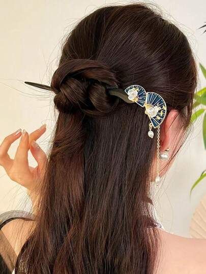 1pc Floral Print Retro Sandalwood Hair Clip, New Chinese Style Hanfu Hair Accessory, Ancient Chic Tassel Hair Stick, Suitable For All Seasons, Head Accessories, Hair Accessories For Women, Bun Extension, Hair Styling Pins, Pins For Hair