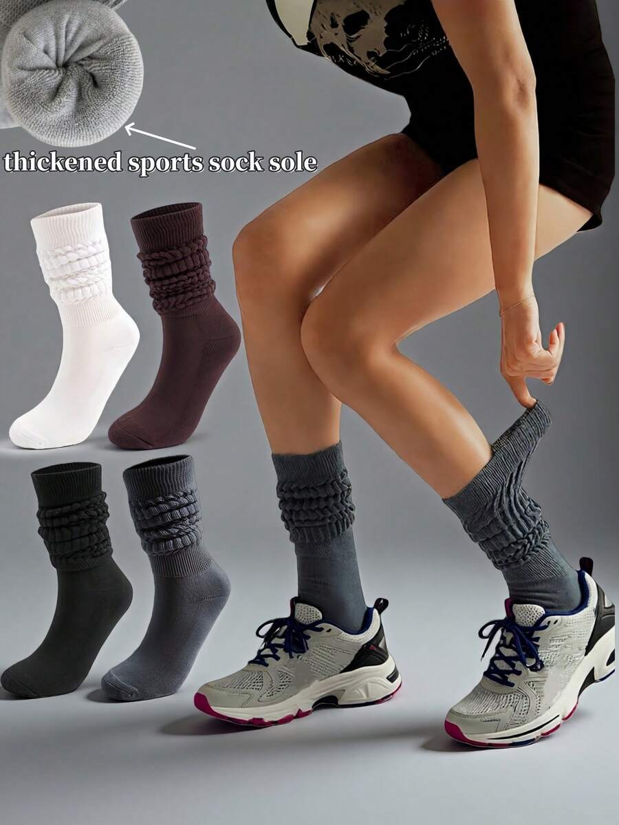 女士宽松叠穿过膝袜，1/2/3/4 双装，褶皱设计，秋冬季毛绒袜，休闲风格，适合跑步、健身、瑜伽、滑板等运动。