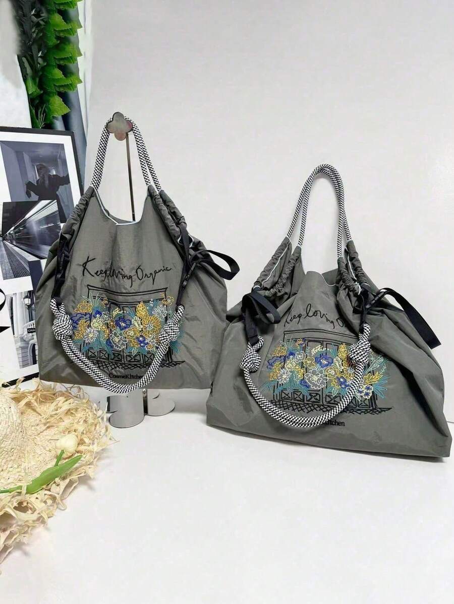 1 chiếc túi tote nylon dáng rộng, thêu hoa, nhẹ, có thể gấp gọn, dung tích lớn, dây đeo vai điều chỉnh được, thích hợp cho đi làm, đi biển, lễ hội, tiệc tùng. - Nhiều màu - Xem 1