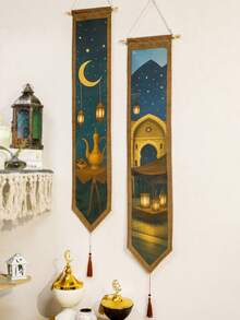 1 pezzo/2 pezzi Arazzo bohémien con luna e stelle, arazzo con motivo a lanterna con nappe vintage, design vintage a teiera, decorazione elegante per la casa, adatto per soggiorno e camera da letto, perfetto per ambienti boho e mistici, decorazione da parete per vacanze e feste, ottimo regalo per amici e famiglia - Multicolore - Visualizzare 8