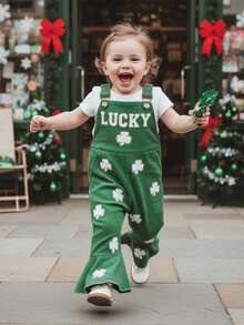 Toddler Girl Outfit St Patricks Day Overalls Clover Romper Long Flared Jumpsuit Irish Shamrock Clothes - 綠色 - 查看 7