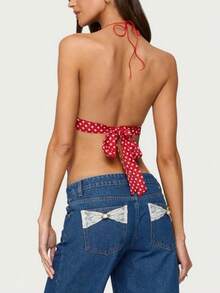 Womens Sexy Backless Halter Top Y2k Polka Dot Print Spaghetti Strap Sleeveless Deep V Neck Tie Back Cami Tank Tops Mesh See Through Camisole Crop Tops Summer Cute Going Out Tops Party Club Beach Vacation Streetwear - 紅色 - 查看 2