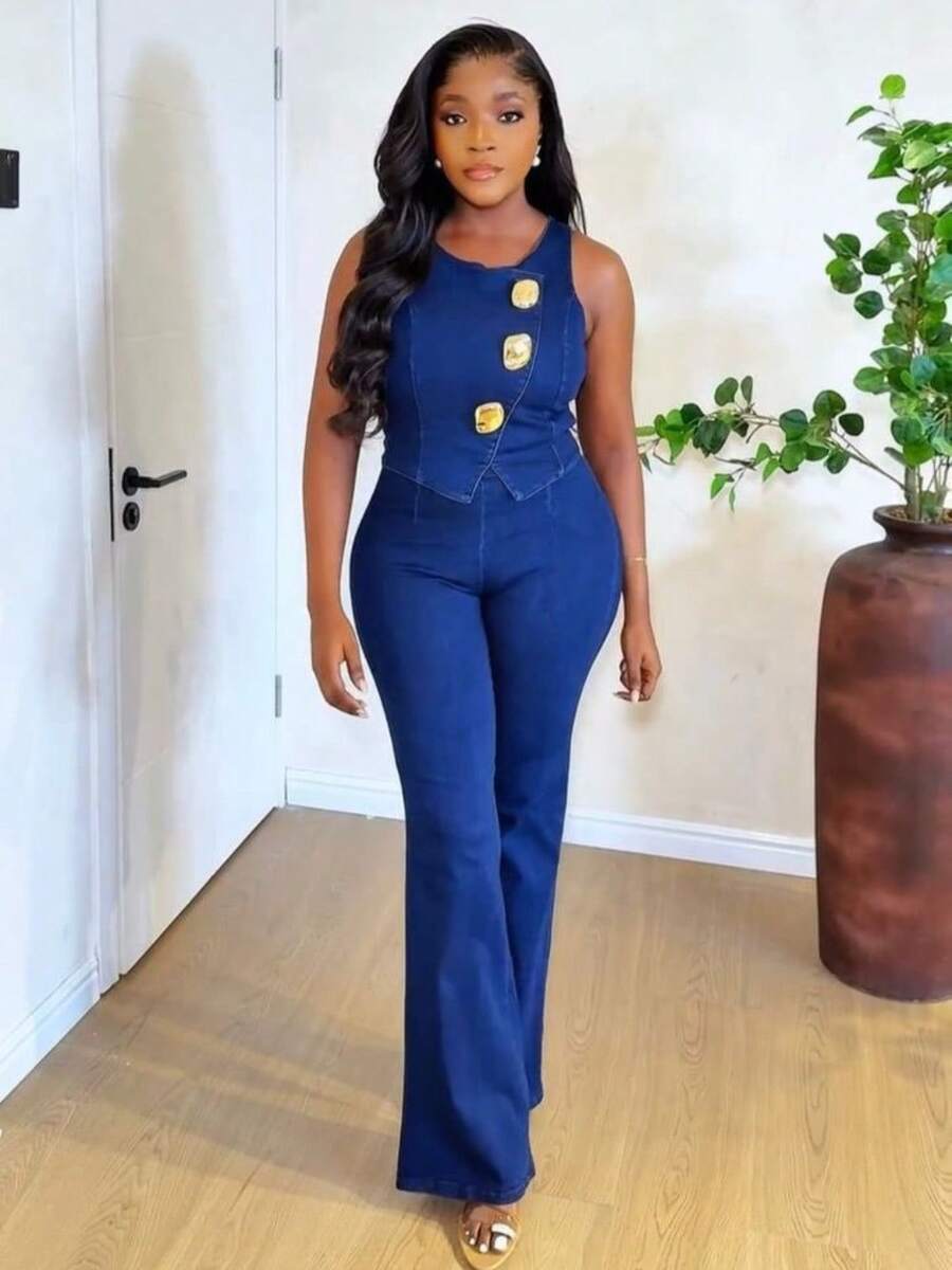 Two Piece Sets Winter Clothes For Women New Years Outfit Women 2 Piece Sets Women  Design-Inspired Metal-Button Round-Neck Sleeveless Jacket + High-Waisted Wide-Leg Pants Denim Set For Women - 藍色 - 查看 1