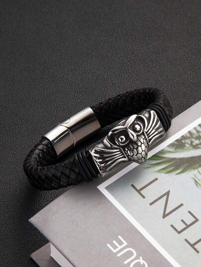1pc New Fashionable Vintage Woven Leather Men's Bracelet, 304 Stainless Steel Carved Animal & Geometric Decor - Luxury Versatile Magnetic Clasp Black Leather Strap Jewelry Gift