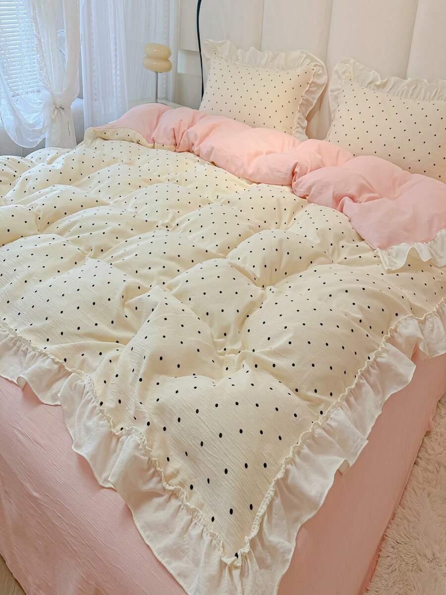 White/Pink Polka Dot Queen Size Bedding Set, 3pcs Cute Pink Bedding Set, 1pc Soft Ruffle Duvet Cover And 2pcs Pillow Shams - White - View 1