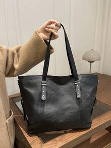 Large Capacity Women's Leather Shoulder Bag, Versatile College Style Casual Crossbody Bag, Student Commuter Bag, Spring - Black - View 1