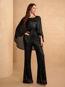 YISIKADO Women's Sequin Jumpsuit Elegant 2-Piece Set, Round Neck Shawl Collar Shiny Outfit, Party Bodysuit, Club, Back To School, Holiday - Black - View 5