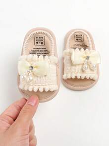 1pair Girls' Bow Knot Canvas Shoes With Buckle Strap Design Flat Cute Sandals For Summer Infant Girls Sandals Summer Shoes - Beige - View 11