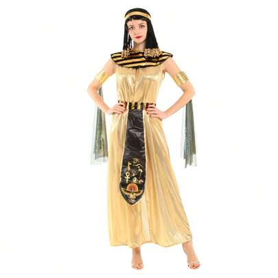 Adult Women's Cleopatra COS Costume, Gold Long Dress + Shawl Necklace, Carnival Theme Party Stage Performance Costume, Masquerade Ball Cosplay Outfit