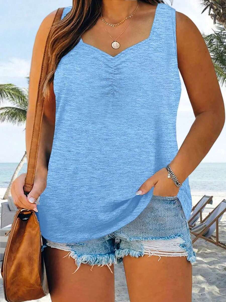 Women's Plus Size Tank Top Summer Sleeveless Sweetheart Collar Casual Tunic Shirt - 藍色 - 查看 1