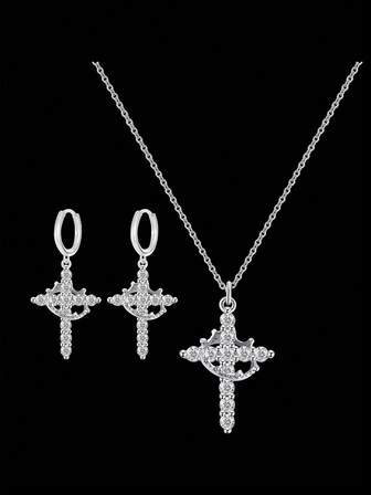 CCO 1 Set de Collar con Colgante de Cruz y Decoración de Corona, y Aretes, Regalo de Vacaciones