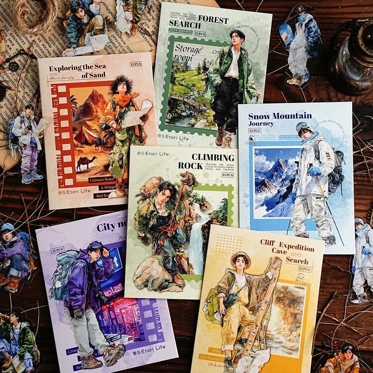 Etori Life 15pcs Adventure Journey Series Retro Mountain Stream Exploration Character Pattern Pet Sticker Pack For Laptops, Phone Stickers, Albums, Suitcases, Room Decoration, Gift Bags, Scrapbooking Supplies, Stamp Albums, Outdoor Travel, School Supplies - Multicolor - View 13