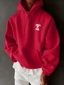 Men's Casual Fashionable Street Hoodie With Letter Print And Kangaroo Pocket, Drawstring, Autumn/Winter - Red - View 2