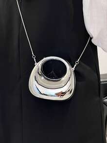 Túi xách dự tiệc hình tròn màu kim loại thời trang, túi xách tay hình tròn có vòng khuyết, túi đeo vai/đeo chéo đa năng. - Bạc - Xem 4