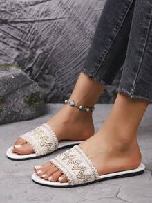 少女软底时尚凉鞋，休闲沙滩度假平底拖鞋，夏季 - 白色 - 查看 4