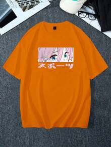 Y2K Anime Eye Print Oversized T-Shirt, Loose Fit, Premium Soft Fabric, Summer/Spring - 橘色 - 查看 4