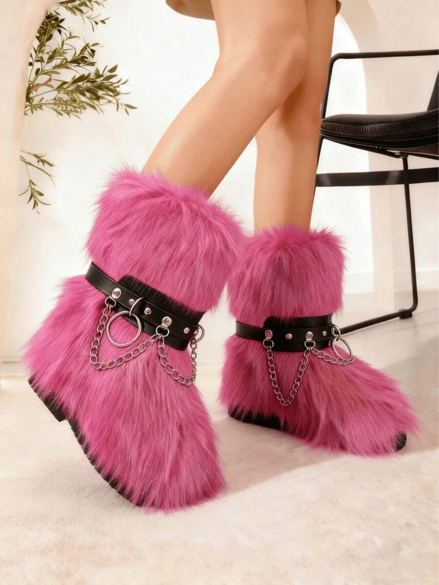 Women's Faux Fur Boot Furry Fluffy Round Toe Suede Winter Comfy Plush Warm Short Outdoor Indoor Flat Shoes Mid-Calf Boots Fashion Boots - Kiểu dây xích đen (phần trang trí trên giày không phải là một phần của chính chiếc giày). - Xem 1