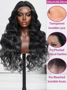 ZHUICHAO 26Inch Body Wave Lace Front Human Hair Blended Wig For Women Pre-Plucked Natural Hairline & Pre-Bleached 13x6 Lace Heat Resistant Fiber Design For Daily Use Black/Brown Options Daily Wear Wig | Body Wave Curls | Glueless Lace Wig, Synthetic Lace Front Wig - 1B# - View 3