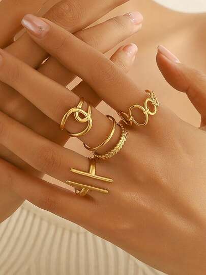 4-delat minimalistiskt set med öppna ringar, koreansk nischdesign, guldpläterad finish, dekorativ och praktisk (vattentät, allergivänlig), lämplig som modeaccessoar och vardagskläder