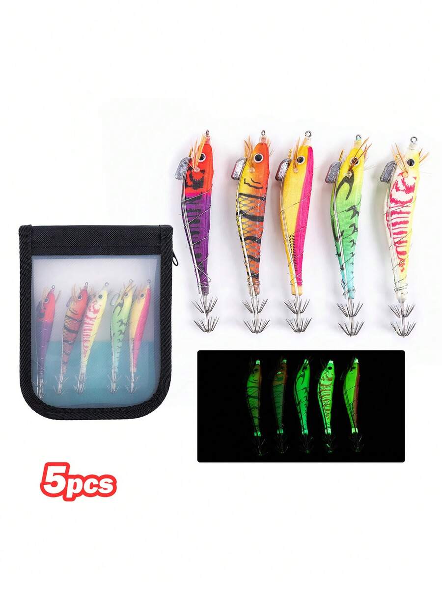 GOTURE 5pcs Luminous Steel Wire Wooden Shrimp Squid Hook, 3.0/3.5 Simulated Shrimp Bait For Sea Fishing, Weighted Lead For Simulated Shrimp Bait For Sea Fishing - Multicolor - View 1