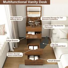 3-In-1 Vanity Desk With Mirror & Stool, Flip Top Makeup Dressing Table, Compact Storage For Bedroom, Bathroom, Dressing Room(18.9"L, Walnut) - 18.9吋長,胡桃木 - 查看 10
