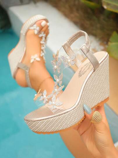 1 Pair Women's Platform Open Toe Sandals, Summer Elastic Strap Sandals, Butterfly Rhinestone High Heel Wedge Leather Sole Sandals