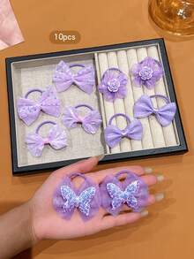 10个紫色蝴蝶结花朵弹力发圈，耐用又甜美的发饰 - 彩色 - 查看 5