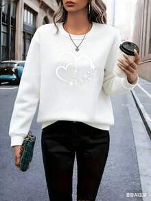 1pcs Women's Light Pink Heart And Butterfly Print Sweater - Soft Pink Long Sleeve Round Neck Pullover, Comfortable Casual Sweater For All Seasons, Suitable For Daily Wear, Valentine's Day Outfit, Machine Washable Loose Fit Sweater, Heart And Butterfly Design, Casual Fit Suitable For Layering, Fashionable And Comfortable Women's Fashion Sweater-Valentine Gift - 白色 - 查看 1