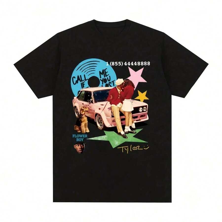 Call Me If You Get Lost Graphic Casual Soft Short Sleeve Pure Cotton 220gsm T - Shirt - 黑色 - 查看 1