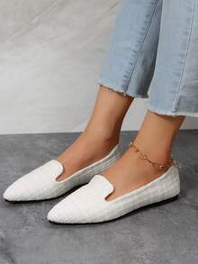 Women's Solid Color Bow Decor Pointed Toe Slip-On Flat Shoes, Casual Fashion Elegant Loafers, Comfortable Soft Bottom Daily Commute Office Shoes, Black, Spring/Autumn - White Mig - View 3
