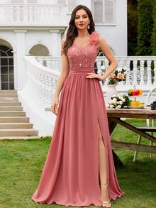 MIUSOL Sequin Floral Lace Sweetheart Neck Sleeveless Ruffle Chiffon Slit Maxi Formal Party Dress, Formal Evening Gown, Suitable For Wedding Guest, Graduation Ceremony, Banquet And Other Occasions - Dusty Pink - View 5