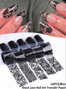 10pcs/Box Black Lace Nail Transfer Paper - Gothic Style Floral Mesh Lace Nail Design, Cute Y2K Charming Nail Art Decoration, Nail Salon Accessories, Nail Supplies (Non-Stick) - Multicolor - View 7