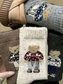 10 Pairs Women's Cartoon Bear Pattern Thick Yarn Loose Socks, New Thickened Warm Mid-Calf Socks, Suitable For Autumn/Winter, Elastic Breathable Durable Fashion Socks - Multicolor - View 6