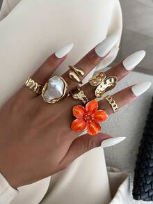 7pcs/Set Bohemian Geometric Faux Pearl Asymmetrical Hollow Ruffle Flower Fashion Open Ring Set, Luxurious Everyday Versatile Jewelry Gift For Women - Ring - View 15