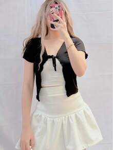 Solid Color Cropped Shrug Women Short Thin Jacket With Tie Shawl Collar, Versatile Summer Cardigan Thin Top Black - Black - View 2