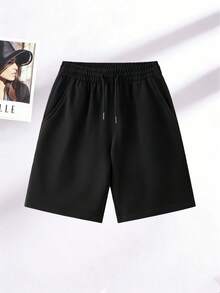 大码女式纯色休闲短裤，夏季运动裤，直筒裤型，5英寸内缝，弹性腰带配抽绳和拉链口袋，适合瑜伽、跑步、健身等运动。 - 黑色 - 查看 7