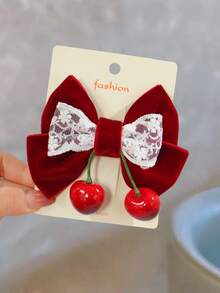 1pc Girls' Burgundy Velvet Lace Bow Cherry Decor Side Ponytail Cute & Elegant Bow Hair Clip - Burgundy - View 5