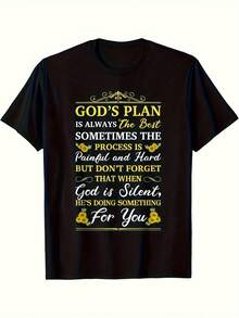 Men Inspirational Bible Verse T-Shirt God's Plan Is Always The Best Bible Quote Black With  White Print Comfortable Cotton Short Sleeve Round Neck Tee Religious Apparel Faith-Based Casual Wear With Psalm Design - 黑色 - 查看 2