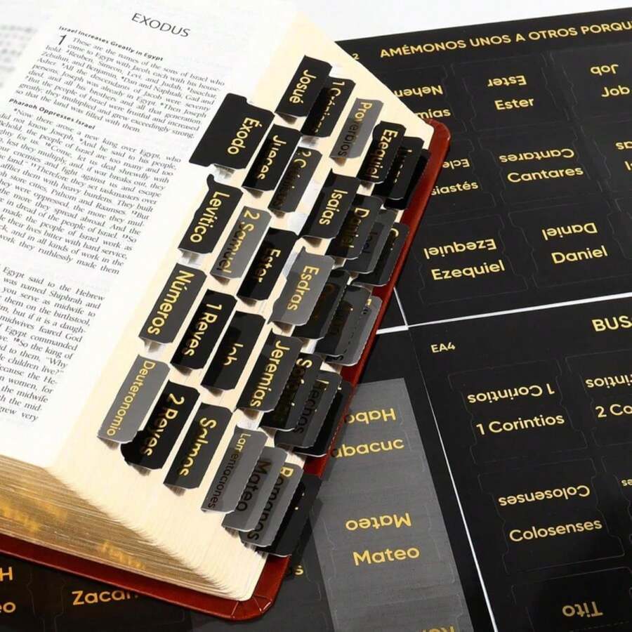 Spanish Black Bible Tabs For Boys Men - Pesta?As Para Biblia En Espa?Ol, Tear-Resistant Sturdy Gold Foil Embosse Waterproof Tabs For Bible Scholars (66 Tabs For Old &Amp; 14 New Testament) - ColorB - 查看 1
