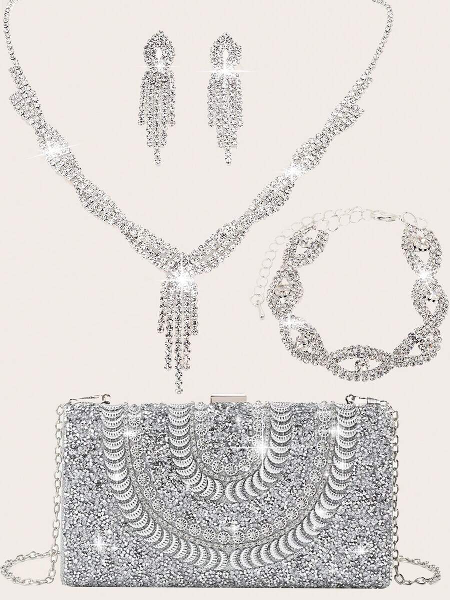 Conjunto de joyas con strass: collar, aretes y pulseras para bolso de embrague para fiesta, elegante bolso de embrague de plata con brillo de strass, romántico bolso de hombro con cadena para boda, primavera/verano, bolso de novia, embrague formal para baile de graduación, elegante bolso de vestido de noche, perfecto para fiesta, boda, cena/banquete formal - Plateado - Ver 1